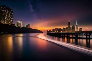 une longue exposition photographier de une ville horizon à nuit. généré par ai photo