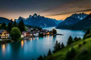 une Lac et Montagne village à le coucher du soleil. généré par ai photo