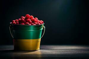 une seau de framboises sur une foncé tableau. généré par ai photo