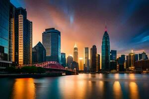 le ville horizon à crépuscule dans shanghaï. généré par ai photo