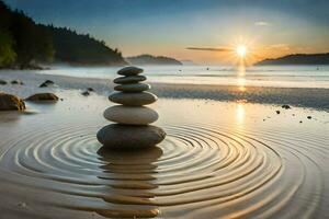 une empiler de des pierres sur le plage à le coucher du soleil. généré par ai photo