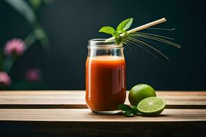 une verre de tomate jus avec citron vert et menthe. généré par ai photo