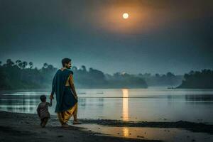 une femme et enfant en marchant le long de le rive de une rivière. généré par ai photo