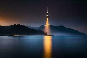 une la tour est allumé en haut à nuit dans le milieu de une lac. généré par ai photo