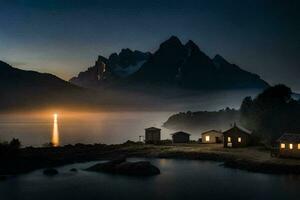 une petit cabine dans le milieu de une Lac à nuit. généré par ai photo