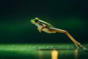 une grenouille sauter dans le air sur une vert Contexte. généré par ai photo