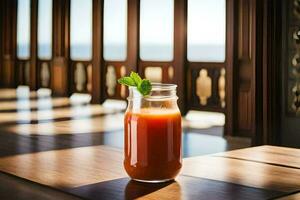 une verre de jus séance sur une table dans de face de une la fenêtre. généré par ai photo