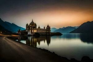 une magnifique église est assis sur le rive de une lac. généré par ai photo