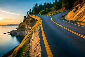 une enroulement route avec une le coucher du soleil dans le Contexte. généré par ai photo