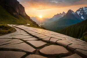 une route enroulement par le montagnes à le coucher du soleil. généré par ai photo