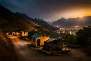 une village à le coucher du soleil avec une Montagne intervalle dans le Contexte. généré par ai photo