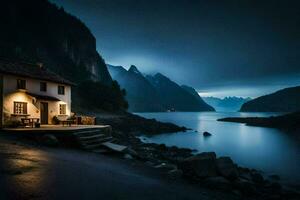 une maison est assis sur le rive de une Lac à nuit. généré par ai photo