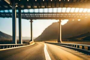 une Autoroute en dessous de une pont avec une Soleil brillant. généré par ai photo