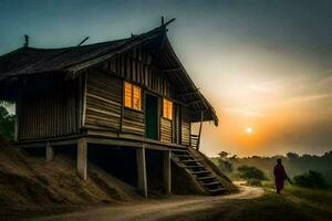 une homme des promenades passé une cabane à le coucher du soleil. généré par ai photo