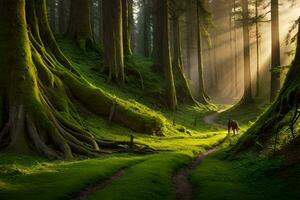 une cheval des promenades par une forêt avec lumière du soleil brillant par le des arbres. généré par ai photo