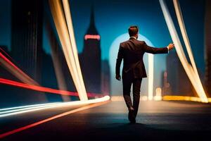 une homme dans une costume est en marchant vers le bas une ville rue à nuit. généré par ai photo