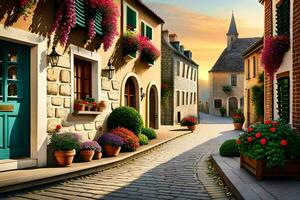 un vieux rue avec fleurs dans des pots sur le côté. généré par ai photo