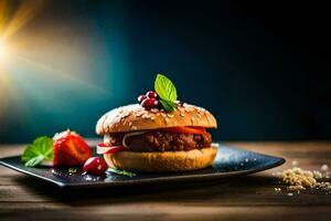 Hamburger sur une assiette avec baies et épices. généré par ai photo