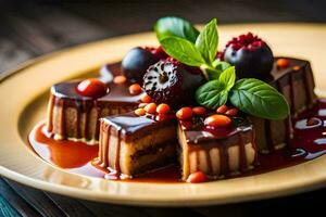 une dessert sur une assiette avec baies et Chocolat. généré par ai photo