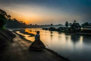 une femme dans une traditionnel robe des stands sur le rive de une rivière à le coucher du soleil. généré par ai photo
