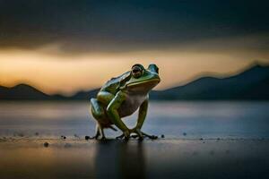 une grenouille séance sur le sol à le coucher du soleil. généré par ai photo