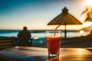 une verre de jus sur une table dans de face de le océan. généré par ai photo