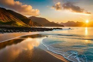 le Soleil monte plus de le océan et montagnes dans cette magnifique photo. généré par ai photo