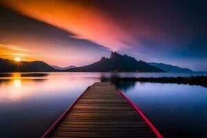 une Dock dans le milieu de une Lac à le coucher du soleil. généré par ai photo