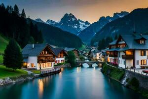 photo fond d'écran montagnes, rivière, Maisons, le nuit, le montagnes, le rivière, le ville. généré par ai