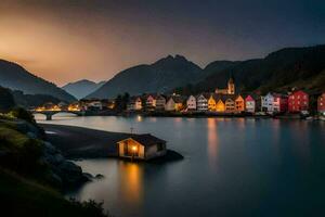 une ville dans le montagnes à crépuscule avec une rivière et Maisons. généré par ai photo