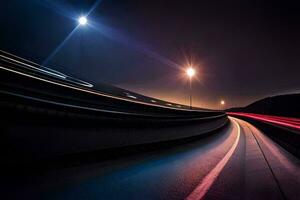 une longue exposition photographier de une Autoroute à nuit. généré par ai photo