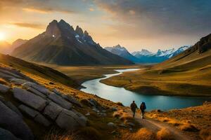 le Soleil monte plus de le montagnes dans patagonie. généré par ai photo