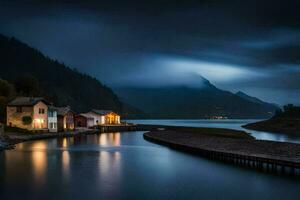 une petit village est assis sur le rive de une Lac à nuit. généré par ai photo