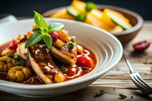 une bol de nourriture avec poulet et tomates. généré par ai photo