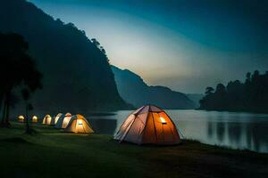 photo fond d'écran le ciel, montagnes, des arbres, lac, rivière, nuit, camping, tentes,. généré par ai