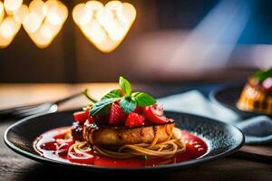 une assiette de nourriture avec spaghetti et des fraises. généré par ai photo