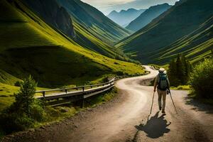 une la personne en marchant sur une route dans le montagnes. généré par ai photo