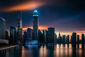 le ville horizon à nuit dans Dubai. généré par ai photo