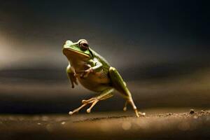 une grenouille sauter sur le sol. généré par ai photo