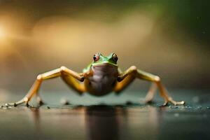 une grenouille est permanent sur ses de derrière jambes. généré par ai photo