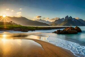 le Soleil monte plus de le montagnes et le plage dans cette photo. généré par ai photo