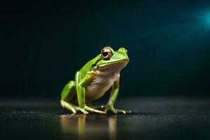 une grenouille séance sur une foncé surface avec une brillant lumière derrière il. généré par ai photo