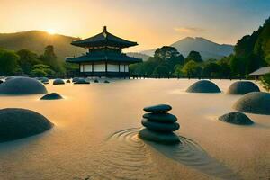 une Japonais pagode dans le milieu de une lac. généré par ai photo