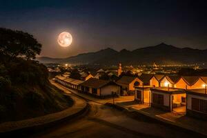 le lune monte plus de une village à nuit. généré par ai photo