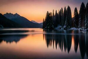 une magnifique le coucher du soleil plus de une Lac avec des arbres. généré par ai photo