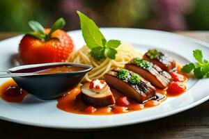 une assiette avec spaghetti, Viande et sauce sur il. généré par ai photo