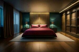 une chambre avec en bois planchers et une lit. généré par ai photo