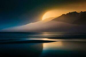 le Soleil est brillant plus de une Montagne et une plage. généré par ai photo