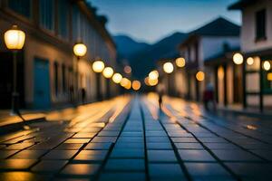 une rue avec lumières sur il à nuit. généré par ai photo