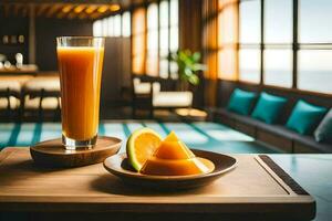 une verre de Orange jus et une tranche de Orange sur une tableau. généré par ai photo